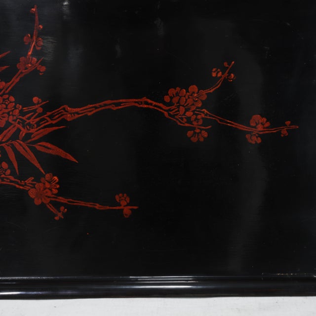 Vintage Chinese Black Lacquer Rectangular Serving Tray - Red and Gold Plum Blossom Motif For Sale - Image 9 of 16