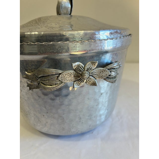 Mid-Century Modern Vintage Hammered Aluminum Lidded Ice Bucket With Floral Details For Sale - Image 3 of 9