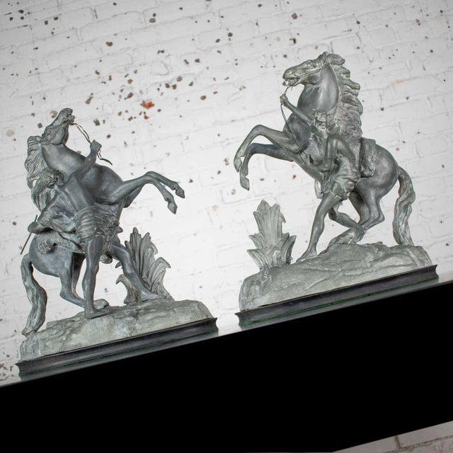 Wood Antique Detailed Spelter Marly Rearing Horse & Groom Sculptures After Guillaume Coustou - a Pair For Sale - Image 7 of 13