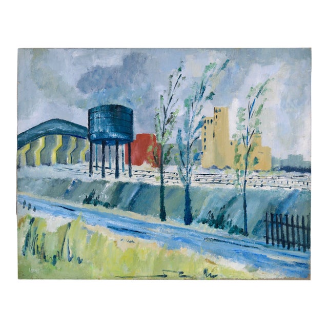 Industrial Landscape With Trees in Oil on Linen by Doris Lyons Hoover For Sale