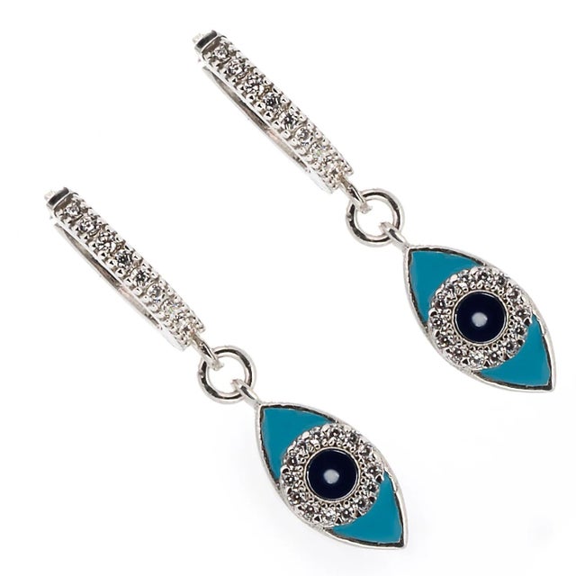 Turquoise Sparkly Evil Eye Sterling Silver Earrings, A Pair For Sale - Image 4 of 6