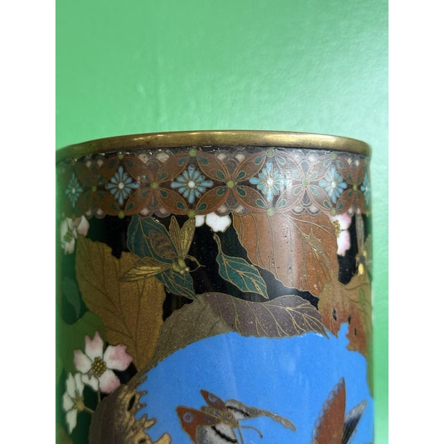 Meiji Period Japanese Cloisonne Enamel Vase With Birds Butterflies and Insects For Sale - Image 4 of 18
