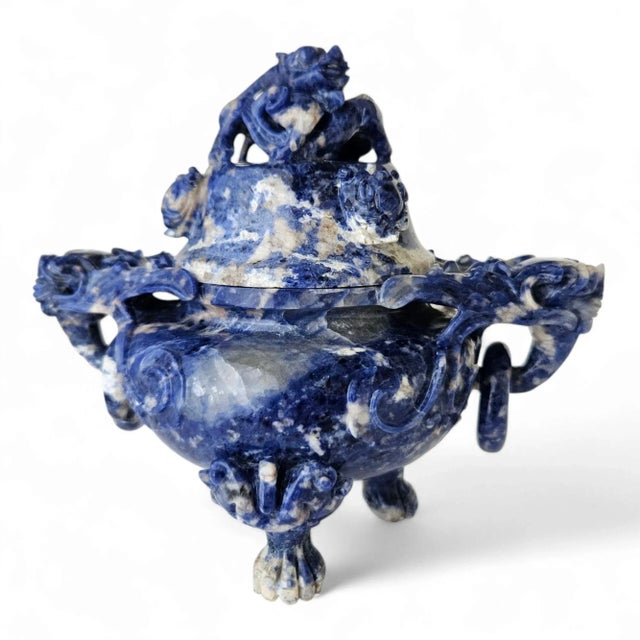 Asian Style Extremely Rare Early 20th Century Hand-Carved Lapis Lazuli Chinese Dragon Censer For Sale - Image 4 of 12
