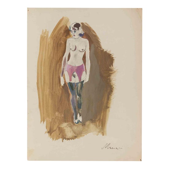 Mino Maccari, Nude, Tempera on Paper, Mid-20th Century For Sale