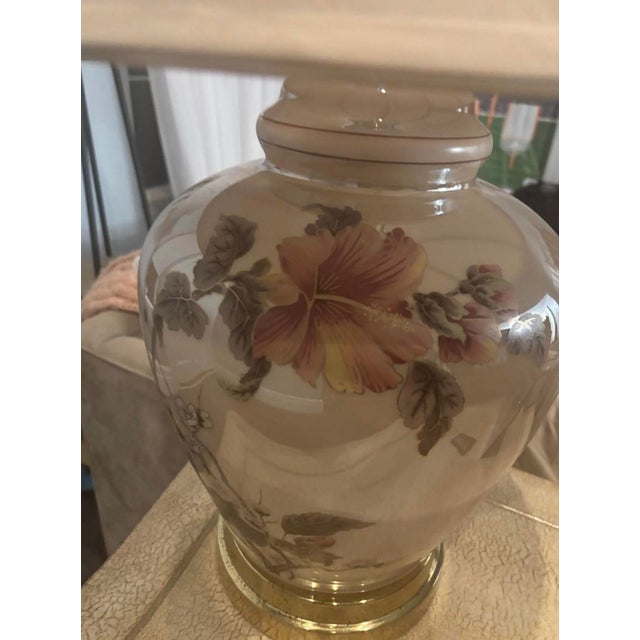 Pink Vintage Floral Ceramic Table Lamp With Brass Base & Bell Shade For Sale - Image 8 of 8
