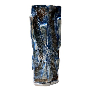 Textured Geometric Blue Vase Modern Studio Art Pottery For Sale
