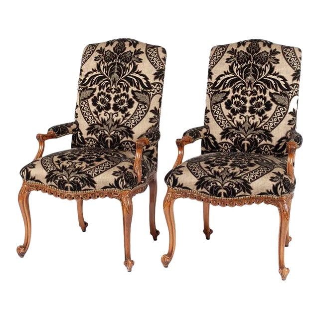 Late 20th Century Pair of William Switzer Chippendale Style Armchairs Black Damask Fabric For Sale