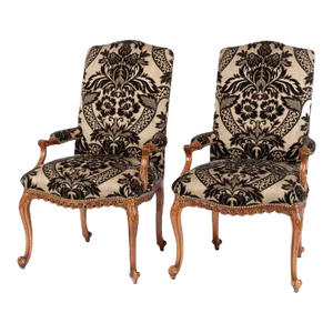 Late 20th Century Pair of William Switzer Chippendale Style Armchairs Black Damask Fabric
