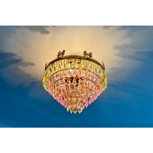 1970s Vintage Brass Butterfly Motif Flush Mount Chandelier With Pink & Green Crystals – 6 Light For Sale - Image 9 of 14
