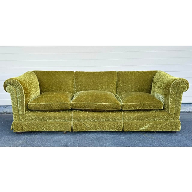 This Vintage English Chesterfield Style Sofa is in a green moss colored crushed velvet fabric has down cushions and 8way...