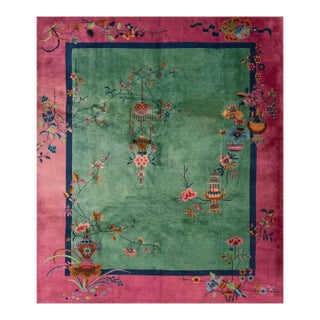1920s Green Floral Vase Antique Chinese Art Deco Rug 8'0" X 9'4" Handknotted Wool Carpet For Sale