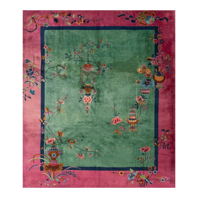 1920s Green Floral Vase Antique Chinese Art Deco Rug 8'0" X 9'4" Handknotted Wool Carpet For Sale