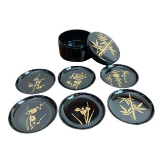 Hollywood Regency Lacquer Chinoiserie Coaster Set With Gold Bamboo Motif– Set of 6 With Holder for Palm Beach Regency & Bar Cart Styling. See Pics! For Sale