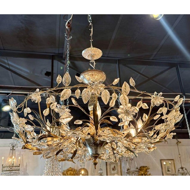 Gold French Maison Bagues Gilt Tole and Crystal Flower Chandelier For Sale - Image 8 of 8