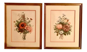 19th Century Flower Bouquet Watercolor Prints With Original Frame Matting and Glass - a Pair