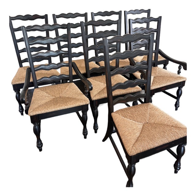 French Country Black Ladder-Back Dining Chairs With Woven Seats (Set of 8) For Sale
