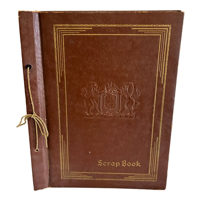 Vintage Embossed Leather Scrapbook Album With Crest and Gold Detailing For Sale