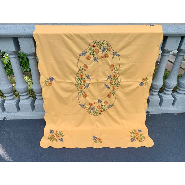 Vintage Handcrafted Hungarian Embroidered Mustard Autumnal Tablecloth 49” X 68” For Sale - Image 4 of 12