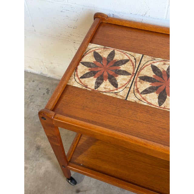 Teak Tile-Top Rolling Bar Cart Danish Mid-Century Modern Tea Trolley 1960s For Sale - Image 11 of 11