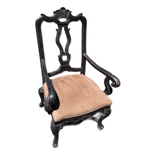 Drexel Heritage Distressed Black Queen Anne Armchair With Camel Suede Seat For Sale