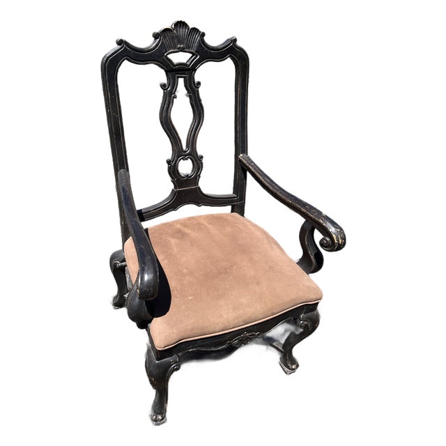 Vintage Drexel Heritage Distressed Black Queen Anne Armchair With Camel Suede Seat For Sale