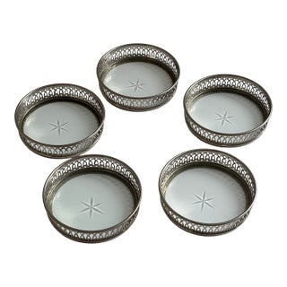 Mid-Century Silver-Plated Gallery Rim Glass Coasters – Set of Five For Sale