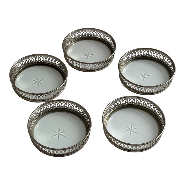 Mid-Century Silver-Plated Gallery Rim Glass Coasters – Set of Five For Sale