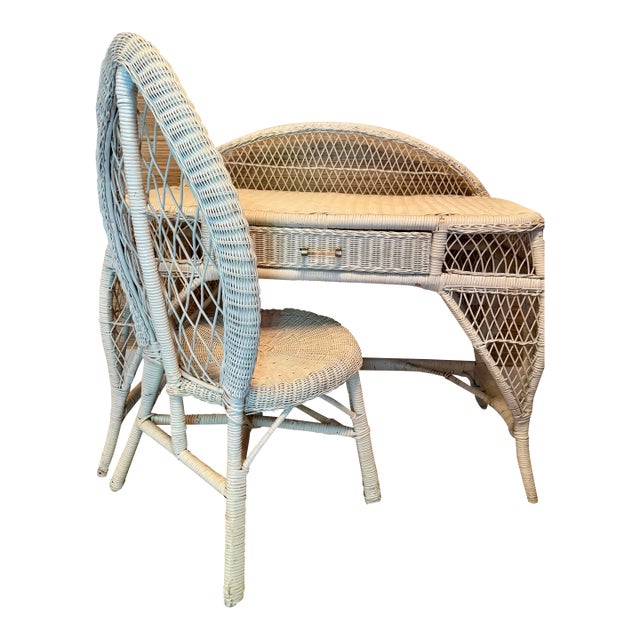 Vintage White Wicker Vanity Desk and Chair Set | Palm Beach Regency | Boho Chic For Sale