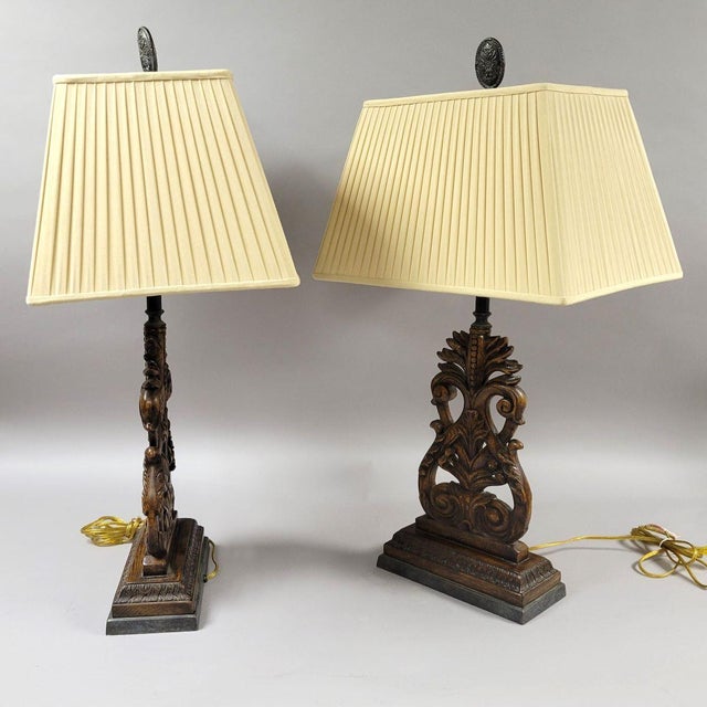 Wood Pair of French Provincial Style Carved Wood Table Lamps With Bronze Finials For Sale - Image 7 of 8
