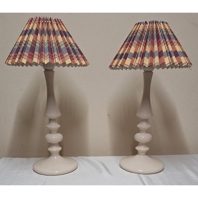 Vintage Table Lamps with Cream-White Lacquered Turned Beechwood Base and Folded Fabric Shade, 1980s, Set of 2, in Very...