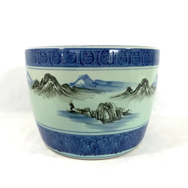 Chinoiserie Vintage Chinese Blue & White Porcelain Planter, Wrap Around Shan Shui Mountain & Water Landscapes For Sale - Image 3 of 11