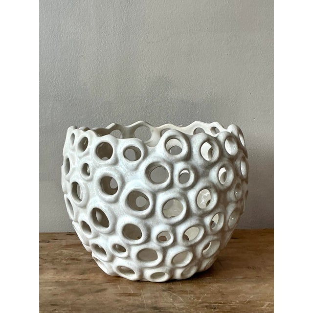 Vintage Boho Glazed Ceramic Holes Bowl For Sale In West Palm - Image 6 of 7