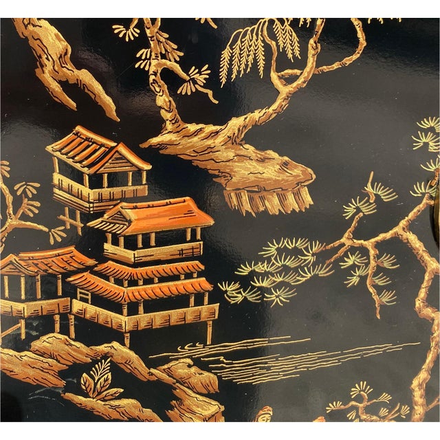 1980s Drexel Heritage Hollywood Regency Chinoiserie Hand-Painted Black Lacquered Bar Cabinet For Sale In West Palm - Image 6 of 7