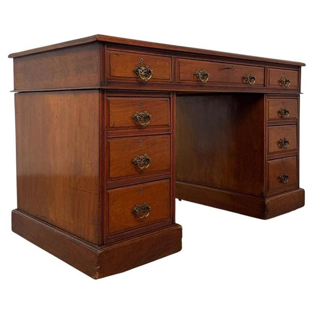 Antique English Walnut Pedestal Desk with Blue Leather Top For Sale - Image 4 of 12