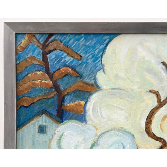 Impressionistic landscape in off-whites, blues, greens and browns. It is framed in a wood and matte-silver frame. Signed...