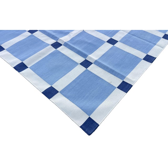 Casa Cosima Handmade Cotton Vegetable Dyed Rug, Sky Blue and White Tile Geometric Dhurrie-6'x9' For Sale - Image 4 of 18