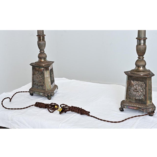 Metal 19th Century French Silverplate Altar Candlestick Lamps - a Pair For Sale - Image 7 of 12