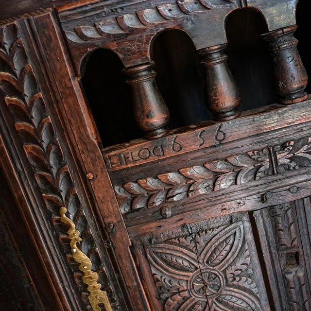 Coffee Vintage Spanish Colonial Revival Style Oak Cupboard Hutch Cabinet or Dry Bar Hand Carved For Sale - Image 8 of 12