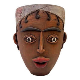 Vintage Mexican Folk Art Terracotta Face Planter For Sale
