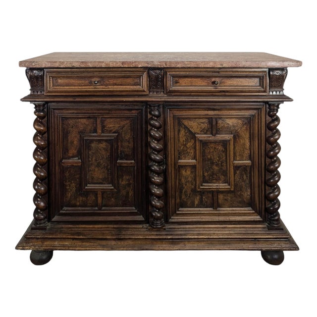Louis XIII Style Walnut Buffet with Twisted Columns and Pink Marble Top For Sale