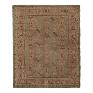 Hand-Knotted Antique Oushak Rug in Beige-Brown Pink Floral Pattern For Sale