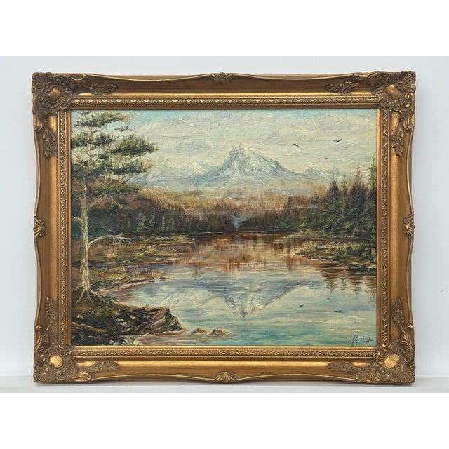 Mountain Lake Forest Landscape Scene - Vintage 20th Century Oil Painting 1970 For Sale - Image 10 of 17