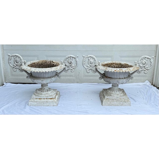Early 19th Century Pair of 19th C.E. Walbridge Cast Iron Garden Planters Urns With Scrolled Arms For Sale - Image 5 of 12