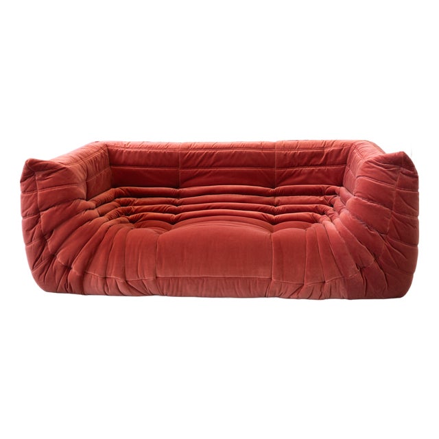 Vintage Two-Seat Togo Sofa with Arms in Burgundy Velvet by Michel Ducaroy for Ligne Roset, 1970s For Sale