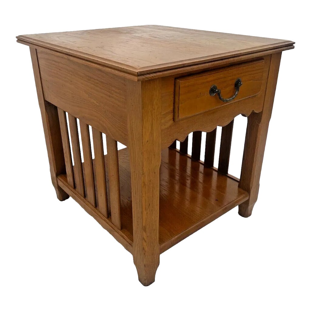 1990s Ethan Allen Side Table Nightstand Oak Drawer Shelf American