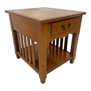 1990s Ethan Allen Side Table Nightstand Oak Drawer Shelf American Artisan #19-8603