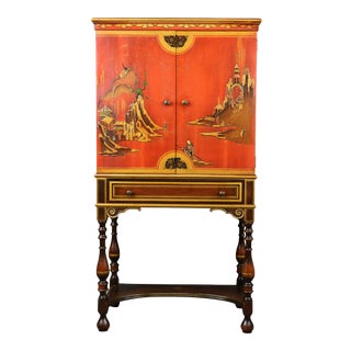 Chinoiserie Red Lacquer Gold Gilt Bar Cabinet on Stand For Sale