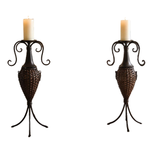 Mediterranean Wrought Iron & Woven Rattan Floor Candleholders, Pair – Spanish Revival / Tuscan Style