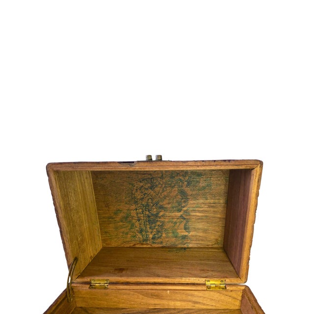 Vintage Asian Hand-Carved Camphor Wood Jewelry Box With Village Scene & Brass Hardware For Sale - Image 17 of 18