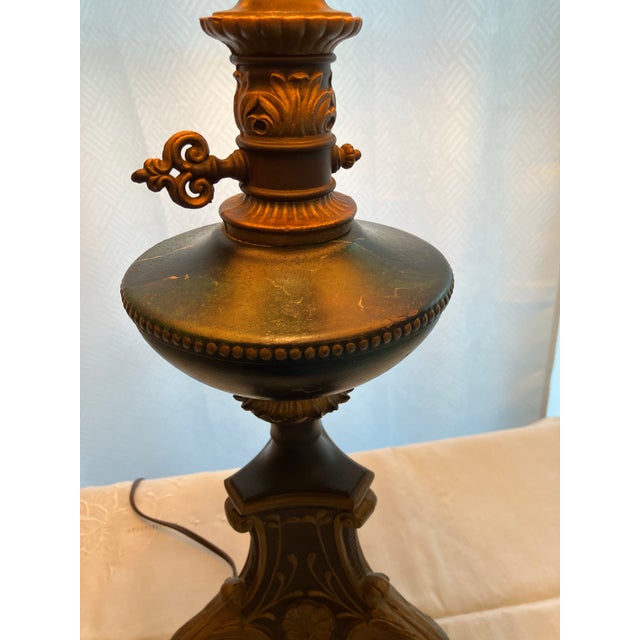 Early 20th Century Early 20th Century Handpainted With Marbelizing Mental Lamp in Green, Black and Gold With Black Paper Shade. 28” Over-All Hight. For Sale - Image 5 of 7